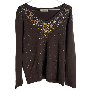 Vintage Chocolate Brown Beaded Embellished Sweater Long Sleeve Boho Chic Top